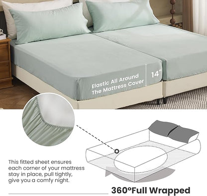Simple&Opulence Belgian Linen Sheet Set Solid Color - 5 Pieces (1 Flat Sheet, 2 Fitted Sheets & 2 Pillowcases) Natural Flax Cotton Blend Soft Breathable Farmhouse Bedding - Split King Size, Mint Green
