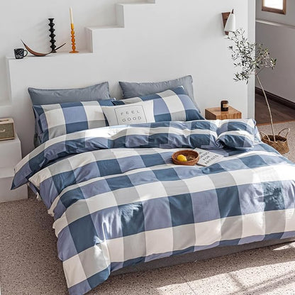 mixinni Full Comforter Set Soft Fluffy Modern Style Checkered Pattern Comforter for Boys Mens, 1 Blue White Grey Geometric Comforter and 2 Pillowcases, All Seasons-Full Size