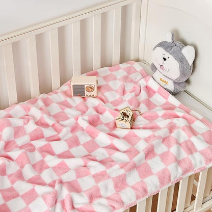 Yurhap Checkered Baby Blanket for Girls Pink Fleece Baby Blankets for Girls Boys, Warmer Comfort Lightweight Bed Blanket for Toddlers Infants or Newborn, 30''x40'', Pink