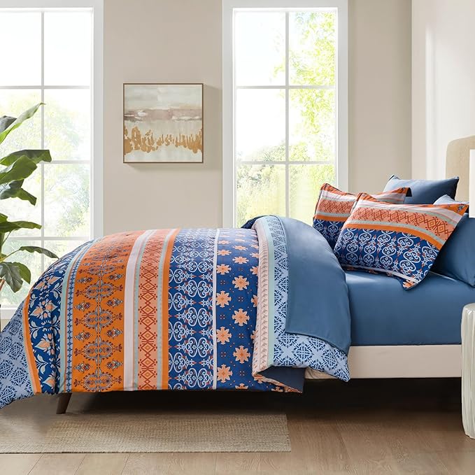WONGS BEDDING Boho Comforter Set Queen, Blue and Orange Bedding Set 7 Pieces Bed in a Bag Bohemian Striped Bedding Comforter Sets Soft Microfiber Comfortet and Sheet Set for All Season