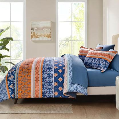 WONGS BEDDING Boho Comforter Set Queen, Blue and Orange Bedding Set 7 Pieces Bed in a Bag Bohemian Striped Bedding Comforter Sets Soft Microfiber Comfortet and Sheet Set for All Season