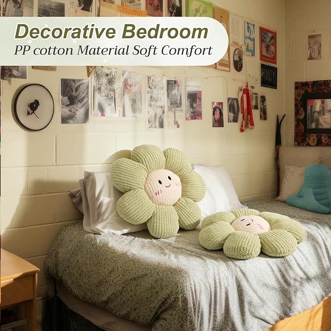 2 Pcs Smile Face Flower Pillows 15" Green Flower Throw Pillows Decorative Daisy Floor Seating Cushion Aesthetic Cute Seat Cushion for Bed Sofa Couch Home Decor Bedroom Living Room Chair