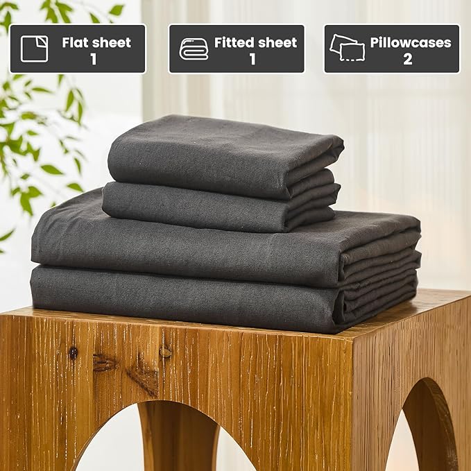 Bedlifes 100% French Pure Linen Sheets King Size Breathable and Cooling Flax Sheet Set Soft Durable and Moisture Wicking 16 Inch Deep Pocket-4 Piece(King,Dark Grey)