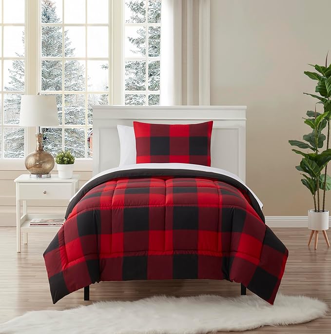 Twin XL Comforter Set with Sheets - 5-Piece Bedding Collection - 1 Comforter, 1 Fitted Sheet, 1 Flat, 2 Pillowcases - Deep Pocket - Soft & Premium Quality - All Seasons, Buffalo Plaid Burgundy/Black