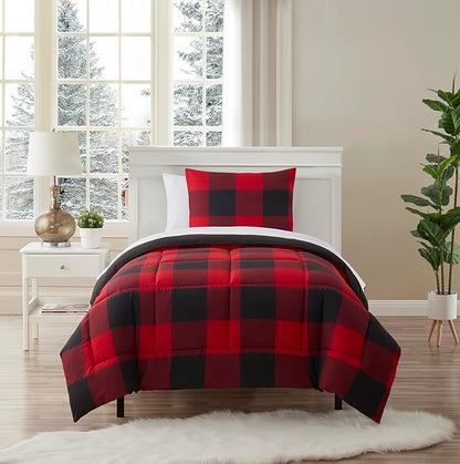 Twin XL Comforter Set with Sheets - 5-Piece Bedding Collection - 1 Comforter, 1 Fitted Sheet, 1 Flat, 2 Pillowcases - Deep Pocket - Soft & Premium Quality - All Seasons, Buffalo Plaid Burgundy/Black