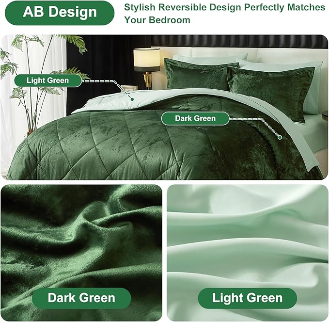 Ivellow Queen Comforter Set 7 Pieces Bed in a Bag Crushed Velvet Comforter Set Flannel Queen Green Comforter Ultra Soft Breathable Luxury Soft Warm Winter Bedding Set with Sheets, Pillowcases & Shams