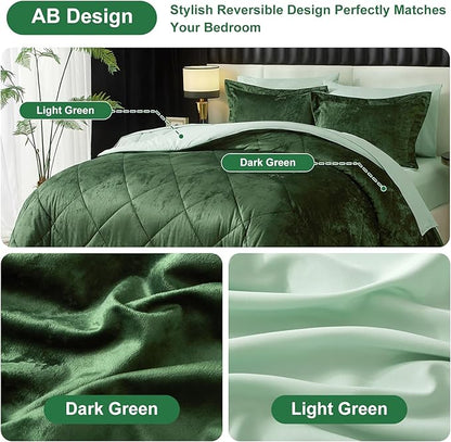 Ivellow Queen Comforter Set 7 Pieces Bed in a Bag Crushed Velvet Comforter Set Flannel Queen Green Comforter Ultra Soft Breathable Luxury Soft Warm Winter Bedding Set with Sheets, Pillowcases & Shams