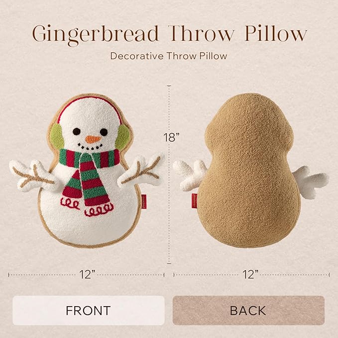 Phantoscope Gingerbread Merry Christmas Throw Pillow, Plush Teddy Xmas Gingerbread Snowman Shaped Pillows with DIY Branch Arms & Earmuffs, Christmas Decorative Pillow for Couch, White, 18x12 inches