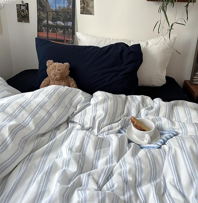VM VOUGEMARKET Demin Blue Striped Comforter Set Full Ticking Stripe Neutral Farmhouse Bedding Set with 2 Pillowcases Lightweight Luxury Comforter for Boys Men