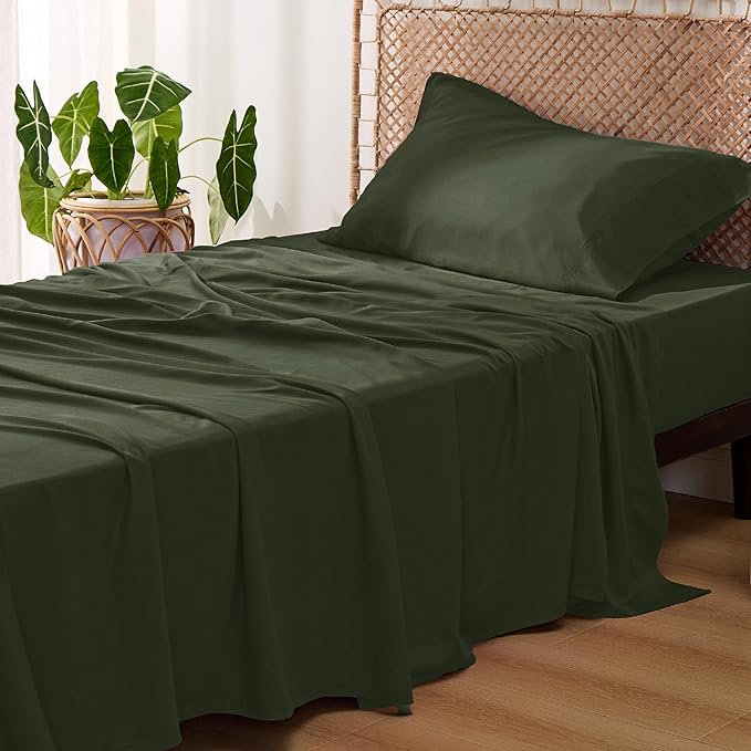 Bedsure Cooling Sheets Twin XL, Rayon Derived from Bamboo, Breathable & Soft Twin XL Sheet Sets, Deep Pocket Up to 16 Inches, Hotel Luxury Silky Dorm Bedding for Hot Sleepers, Olive Green