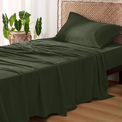 Bedsure Cooling Sheets Twin XL, Rayon Derived from Bamboo, Breathable & Soft Twin XL Sheet Sets, Deep Pocket Up to 16 Inches, Hotel Luxury Silky Dorm Bedding for Hot Sleepers, Olive Green