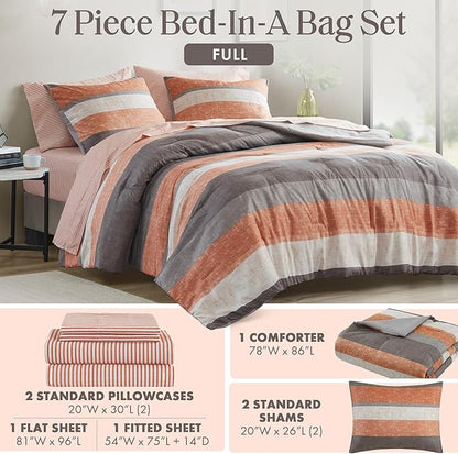 Madison Park Essentials Jaxon Full Comforter Set, Bed in A Bag Comforter & Sheet Set, Modern Casual Stripes Print, All Seasons, Soft Bedding Makeover, Matching Sham, Full Coral/Grey 7 Piece