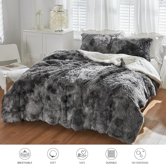 Joyreap 3-Piece Plush Shaggy Comforter Set, Twin Size Luxury Faux Fur Sherpa Reversible Bedding Comforter Set, Ultra Cozy Warm Fluffy Bedding Set for Winter (Tie-dye Black, 68x86 inches)