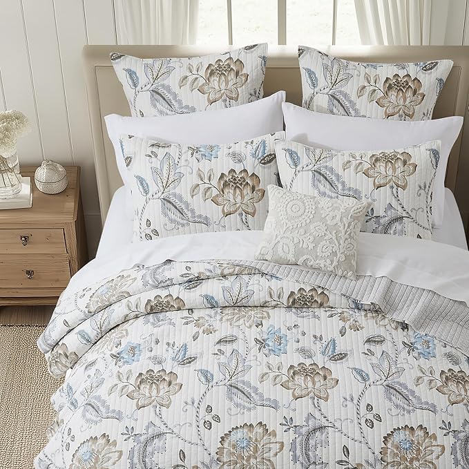 Levtex Home - Maileen Neutral Blue Quilt Set - Full/Queen Quilt and Two Standard Shams - Floral - Taupe Blue and Cream - Quilt (88x92in.) and Shams (20x26in.) - Reversible - Cotton