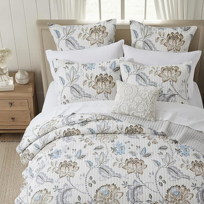 Levtex Home - Maileen Neutral Blue Quilt Set - Full/Queen Quilt and Two Standard Shams - Floral - Taupe Blue and Cream - Quilt (88x92in.) and Shams (20x26in.) - Reversible - Cotton