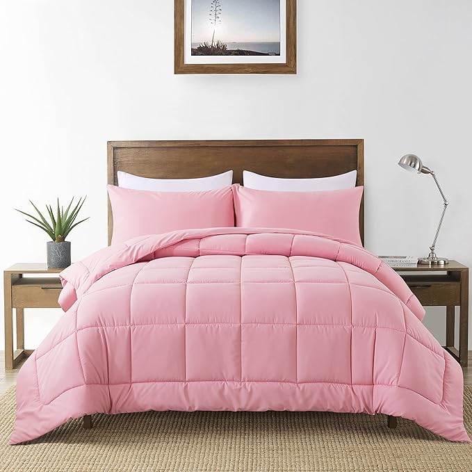 DOWNCOOL King Size Comforter Set -All Season Bedding Comforters Sets with 2 Pillow Cases -3 Pieces Bed Set Down Alternative King Bedding Set -Pink King Comforter Set(102"x90")
