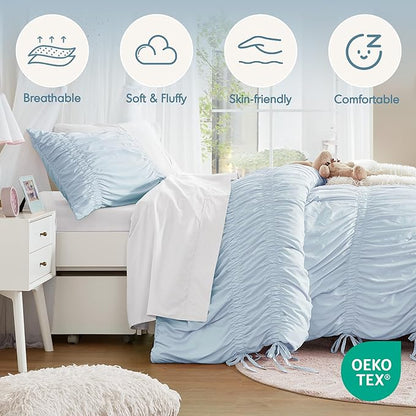 Intelligent Design Ruched Shabby Chic Comforters for Twin Size Bed, All Season Lightweight Comforter Twin, French Country Bedding Set, Sham, Ella, Twin/Twin XL, Blue, 2 Piece