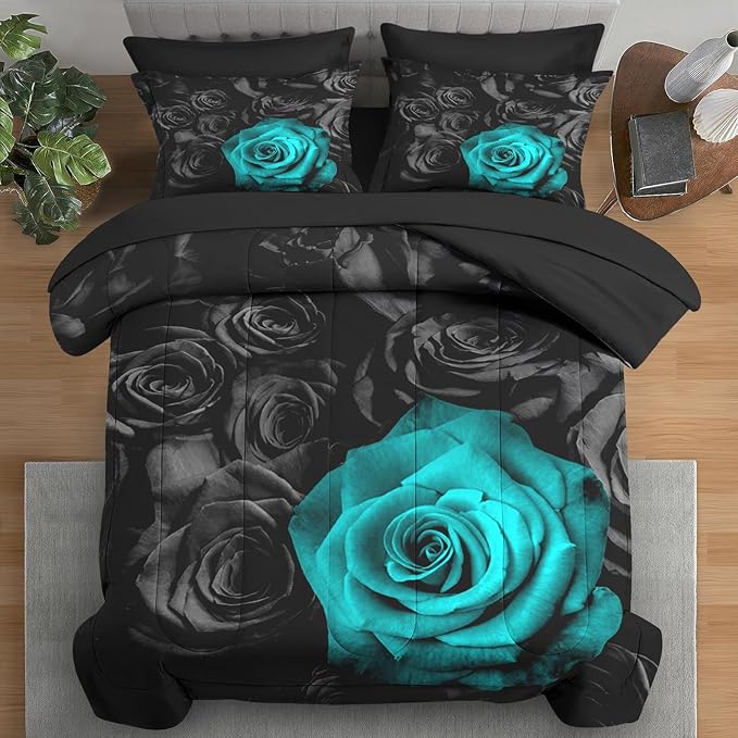 Comforter Set King Size, Cyan Rose Flower 7 Pcs Bedding for Kids and Adults, Summer Vintage Floral Bed Sheet Sets with Fitted Sheet 2 Pillowcases & 2 Shams for Bedroom Bed Decor