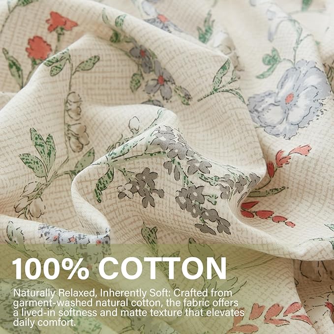 Floral Comforter Set Queen Size Green Floral Bedding Set 3 Pieces 100% Cotton Farmhouse Botanical Bedding Breathable Soft Reversible Comforter for All Seasons