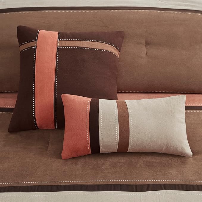 Madison Park Palisades Comforter Set Modern Faux Suede Pieced Stripe Design, All Season Down Alternative Cozy Bedding with Matching Shams, Decorative Pillows, Queen(90"x90"), Coral 7 Piece