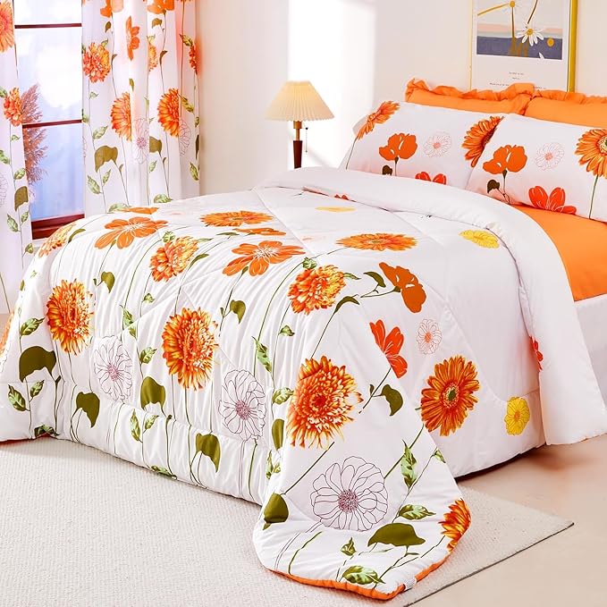 EVENHUG King Comforter Set 7 Pieces Lightweight Soft King Size Comforters for All Season Orange Sunflower Floral Bedding Sets Bed in a Bag with Flat Sheet and Fitted Sheet Pillowcases