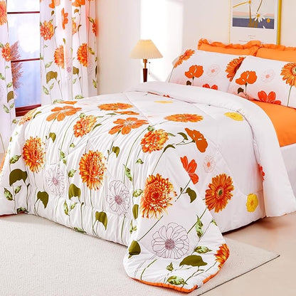 EVENHUG King Comforter Set 7 Pieces Lightweight Soft King Size Comforters for All Season Orange Sunflower Floral Bedding Sets Bed in a Bag with Flat Sheet and Fitted Sheet Pillowcases