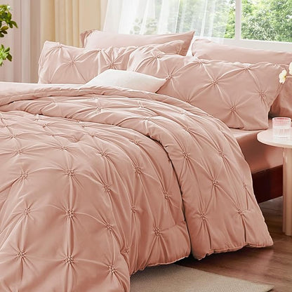 BEDELITE Dusty Pink King Size Comforter Set - 3 Pieces Boho Pintuck Bedding Comforter Sets, Lightweight Soft & Warm King Bedding Set with 2 Pillowcases for All Season