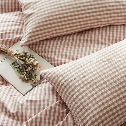 mixinni Pink Gingham Comforter Set Full, Plaid Comforter Set 3 Pieces 1 Pink Grid Comfoter with 2 Pillow Cases for All Seasons, Soft Fluffy Modern Grid Pattern Printed Bedding-Full Size