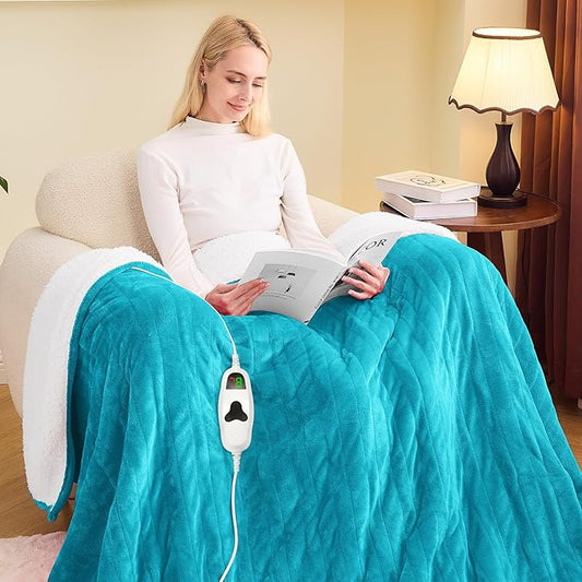 greenoak Heated Blanket Electric Twin 62"X84", Heating Blanket with 10 Heat Levels 1/2/4/6/8 Hours Auto-Off, Soft Flannel Sherpa Warm Heater Soft Blanket,Aqua Green