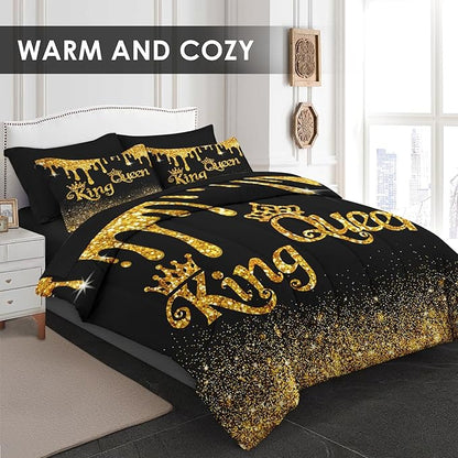 Comforter Set Full Size, King Queen Black Gold Crown 7 Pcs Bedding for Kids and Adults, Royal Love Bed Sheet Sets with Fitted Sheet 2 Pillowcases & 2 Shams for Bedroom Bed Decor