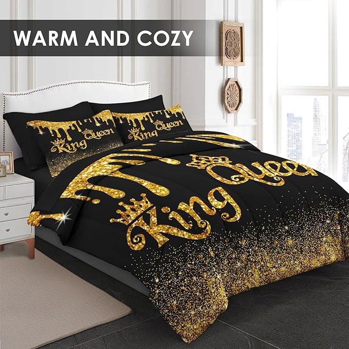 Comforter Set Queen Size, King Queen Black Gold Crown 7 Pcs Bedding for Kids and Adults, Royal Love Bed Sheet Sets with Fitted Sheet 2 Pillowcases & 2 Shams for Bedroom Bed Decor