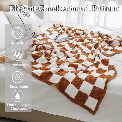 MorroMorn Checkered Throw Blanket for Couch, 2-Layers Soft Cozy Fleece Plaid Blankets Checkerboard Grid - Fluffy Fuzzy Warm for Sofa Chair Bed Christmas Fall Decor Gifts (Caramel, Throw 50"x60")