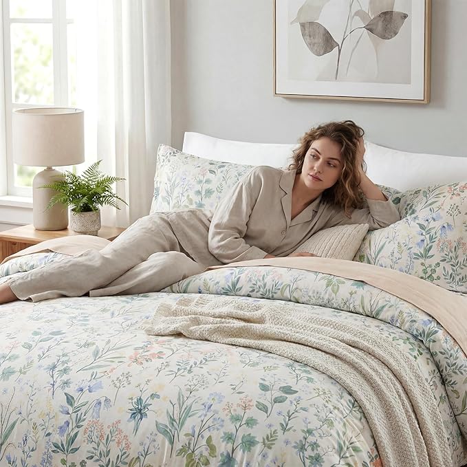 Green Floral Comforter Set Queen Size 100% Cotton Comforter 3 Pieces Soft Lightweight Reversible Retro Floral Bedding Sets for All Season