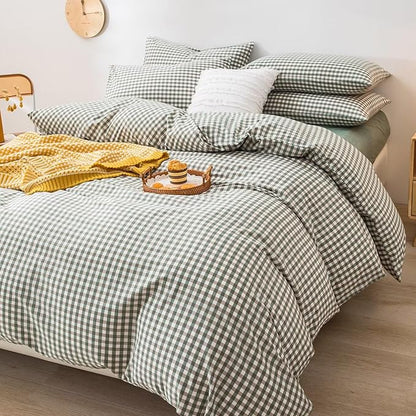 mixinni Green Gingham Comforter Set Queen, Plaid Comforter Set 3 Pieces 1 Green Grid Comfoter with 2 Pillow Cases for All Seasons, Soft Fluffy Modern Grid Pattern Printed Bedding-Queen Size