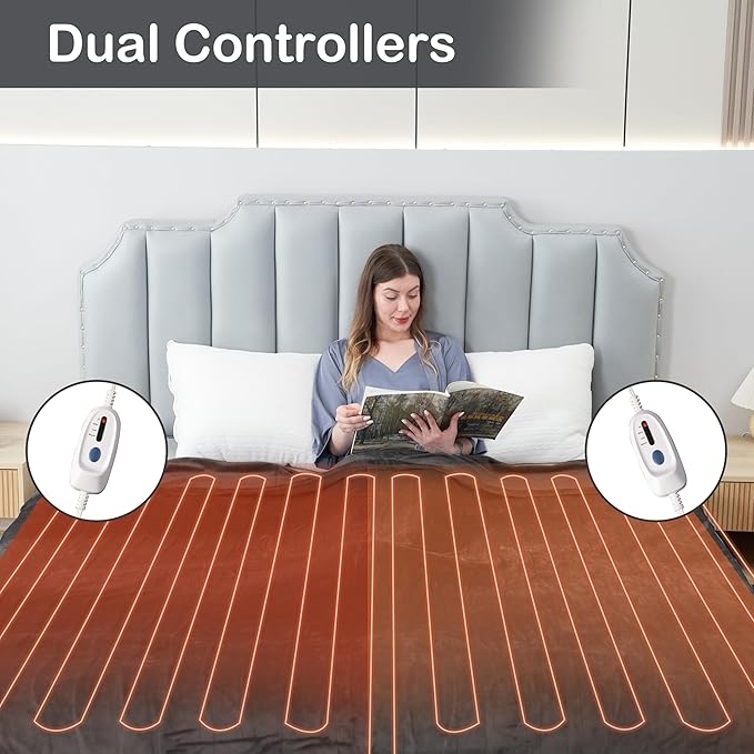 Electric Heated Blanket Queen Size 84"x90", Soft Plush Microplush for Bed, Dual Controllers & Heating Zones, 10Hs Auto Off & 4 Heating Levels, Machine Washable, Gifts for Family-Dark Gray