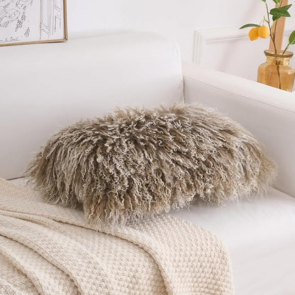 Genuine Mongolian Lamb Fur Pillow Cover – 12"x20" Rectangular Cushion Case – Soft Curly Wool Decorative Accent for Sofa, Bed, or Chair (Sage Green with White Tips)