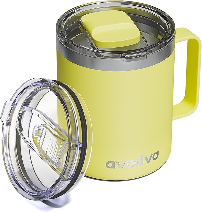 12oz Insulated Coffee Mug with Lid – Includes Two Lids, Stainless Steel Coffee Travel Mug with Handle, Double Wall Vacuum Insulated Camping Mug for Home, Office & Outdoor, Yellow