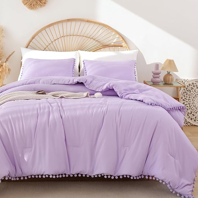 YIRDDEO Queen Comforter Set - Comforter Queen Size Sets with Ball Pom Fringe, Soft Bedding Set for All Seasons - 3 Pieces, 1 Comforter (90"x90") & 2 Pillow Shams (20"x30"), Lavender Purple