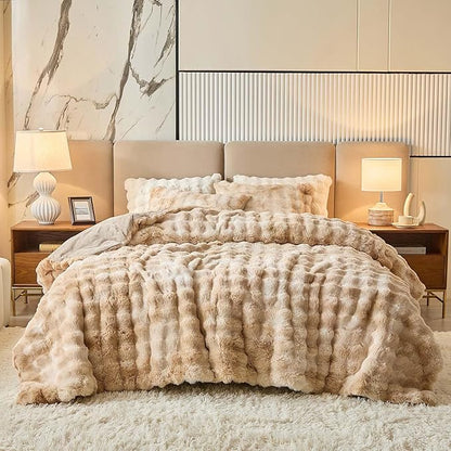 Queen Faux Rabbit Fur Comforter Set - 3 Pieces Fluffy Bedding Set Ultra Soft Warm Shaggy Winter Flannel Bed Set, Luxury Skin Friendly Sherpa Comforter Set & Pillow for Thanksgiving Tie Dye Coffee