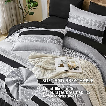 DJY Black Comforter Set Queen Size,7 Pieces Bed in a Bag Boho Striped Bedding Sets,Black and White Soft Microfiber Bedding Set for All Season(90"×90")