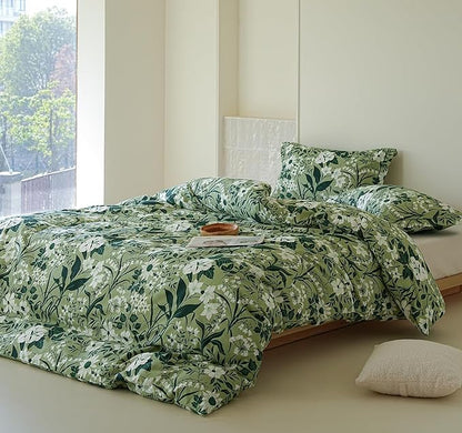 Cotton Queen Size Comforter Set, 3Pcs Garden Style Green Flower Print Botanical Comforter for All Seasons, Luxury Warmth Breathable Bedding Set with 1 Lightweight Comforter and 2 Pillow shams