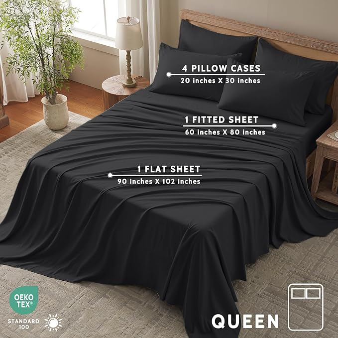 Queen Sheet Set - 6 Piece Sheets Queen Size Bed Set - Breathable & Cooling Hotel Luxury Bedding Set - Soft & Comfy Fully Elasticized 16" Deep Pocket Queen Sheets (Queen Balck)