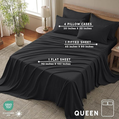 Queen Sheet Set - 6 Piece Sheets Queen Size Bed Set - Breathable & Cooling Hotel Luxury Bedding Set - Soft & Comfy Fully Elasticized 16" Deep Pocket Queen Sheets (Queen Balck)