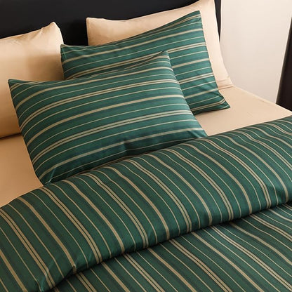 KAREVER Green Stripes Comforter King Vertical Ticking Striped Dark Green Bedding Set Durable Chic and Stylish Bedroom Set