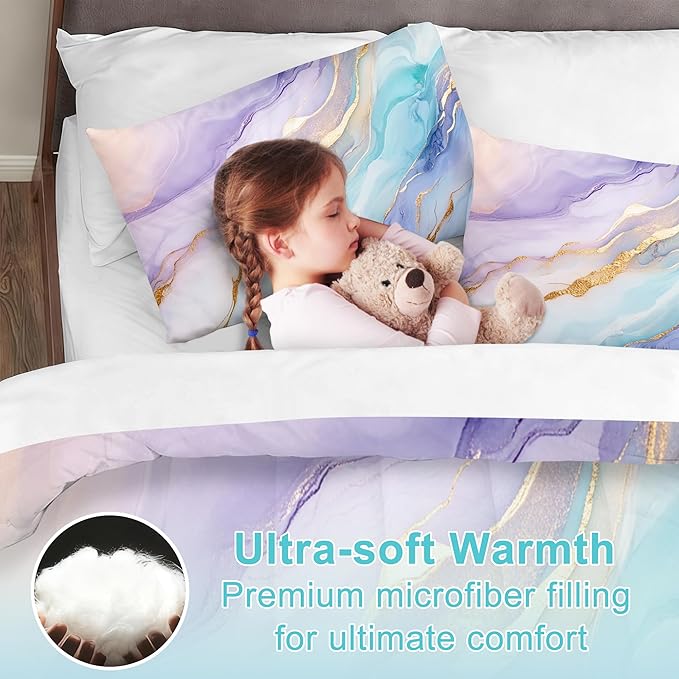 Marble Comforter Sets Full Size for Kids Women Watercolor Bedding Set Luxury Marbling Texture Bed Set for Bedroom Decor Soft Purple Green Blue Gold Quilt Set with 1 Comforter + 2 Pillowcases