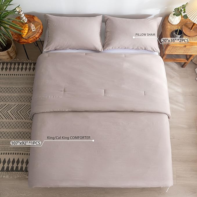 Ultra-Soft Cozy King Bedding Comforters Sets Bed, Solid Lightweight All Seasons Warm Fluffy Washed Cotton Microfiber,1 Bed Down Alternative Conforter & 2 PillowSham (King/California King Beige Brown)