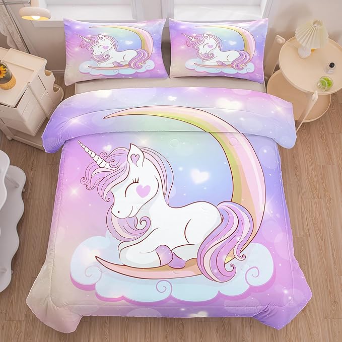 Tailor Shop Unicorn Girls Comforter Sets Queen Size,Unicorn Purple Bedding Sets for Girls Kids Teens with 2 Pillowcase