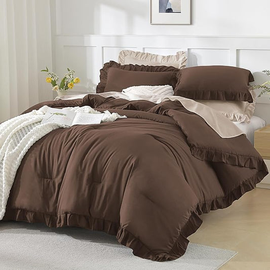 Andency Oversized King Comforter Set 128x120, 3 Pieces Brown Ruffle Shabby Chic Famhouse Bedding Set for Women, Lightweight Fluffy Super King Plus Bed Set for Girls