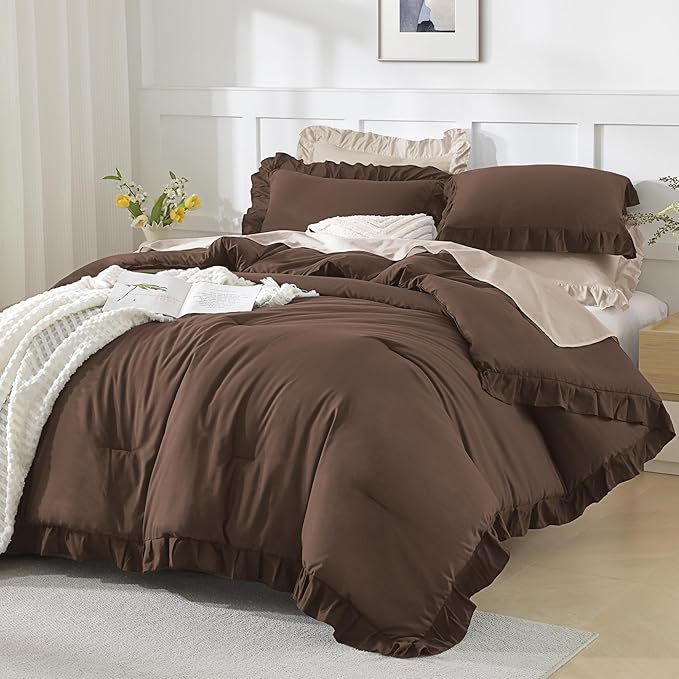 Andency Brown California King Comforter Set, 3 Pieces Shabby Chic Ruffle Solid Cal King Bedding Sets, Oversized All Season Soft Lightweight Down Alternative Bed Set for Adults Men Women