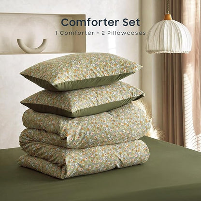 Wake In Cloud - Floral Comforter Set, Cute Vintage Flower Cottagecore Aesthetic for Women Teen Girls, Soft Lightweight Dorm Bedding, 3 Pieces, Olive Green, Twin/Twin XL Size